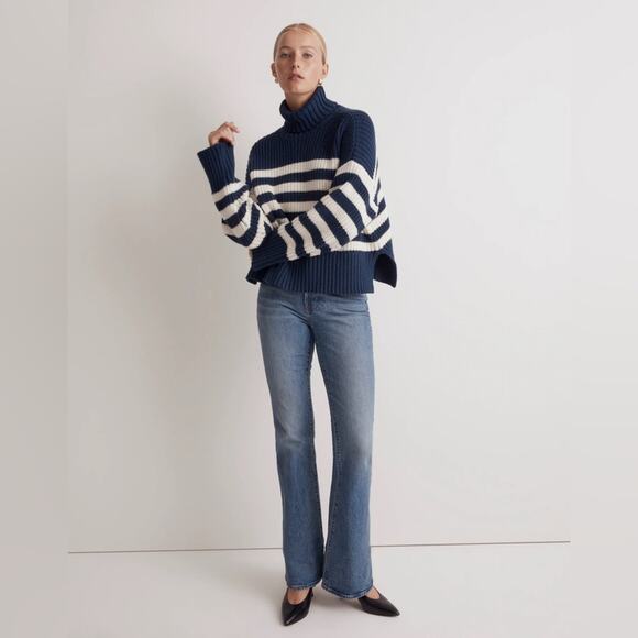 Madewell Wide Rib Turtleneck Sweater White Blue Size S NO064 - Picture 2 of 7